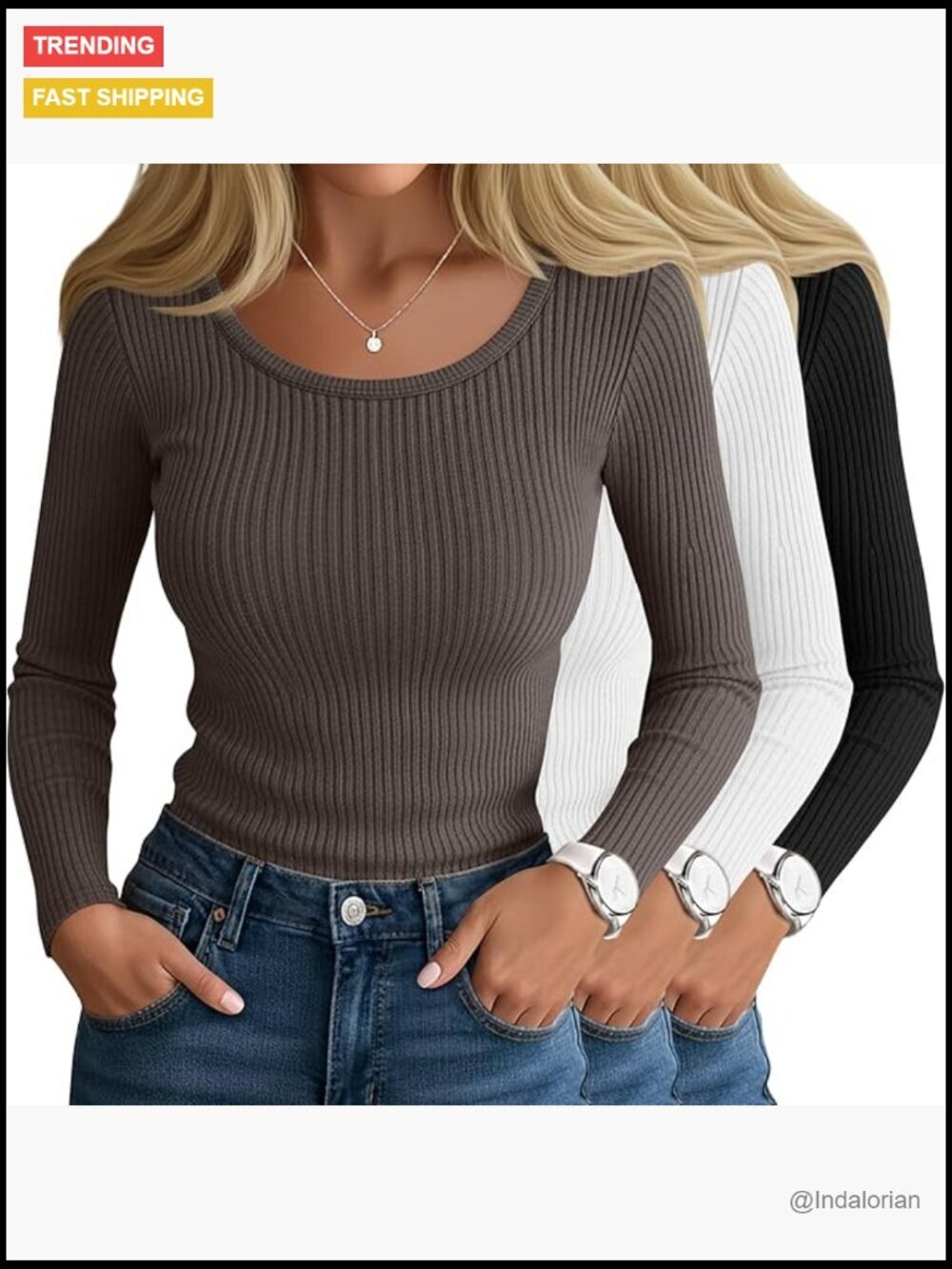 3 Pack Ribbed Long Sleeve Tops Scoop Neck Slim Fit Cotton Tees
